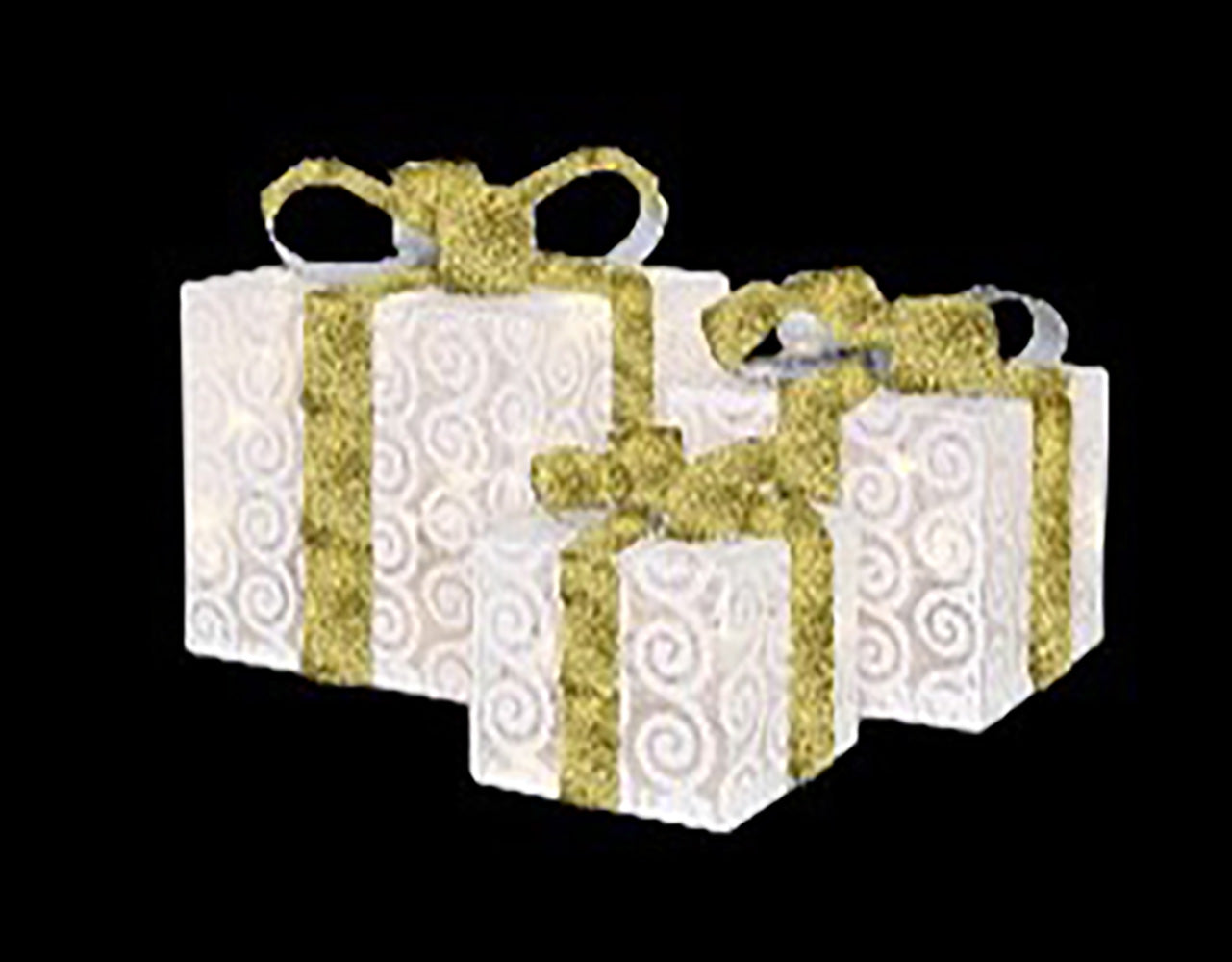 3 Piece Lighted White Gift Box Set with Gold Ribbon and Bow