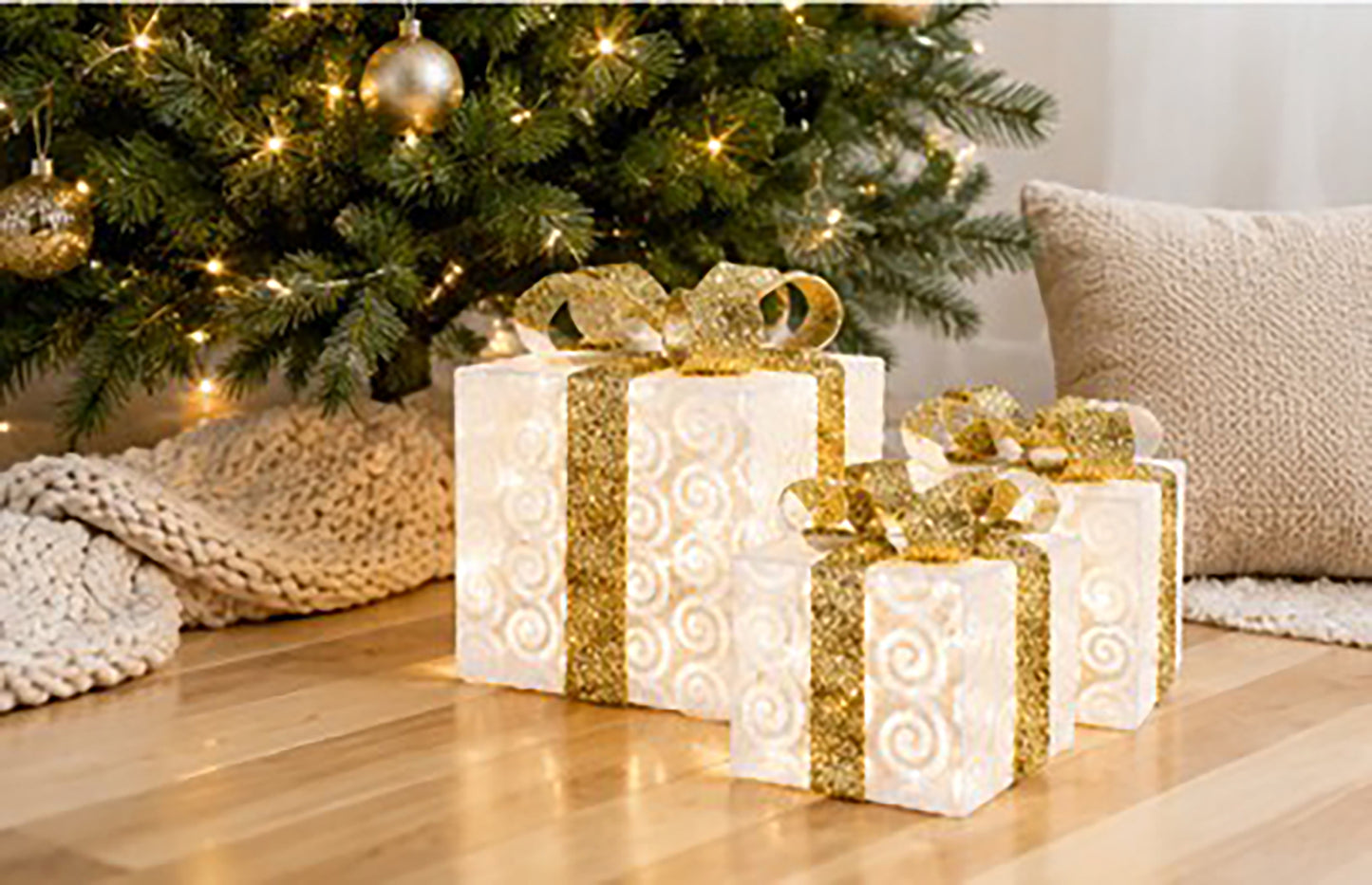 3 Piece Lighted White Gift Box Set with Gold Ribbon and Bow
