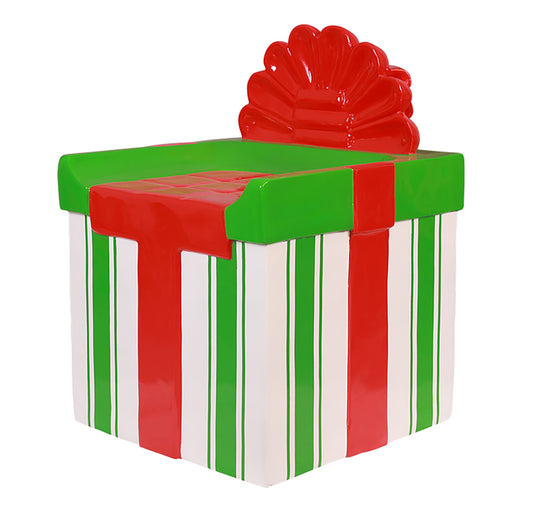 Gift Box Chair with Red, White, and Green Stripes
