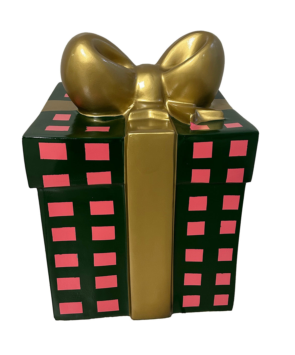 20" Green Gift Box with Pink Squares and Gold Bow