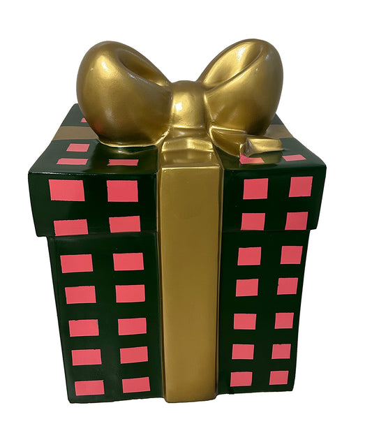 20" Green Gift Box with Pink Squares and Gold Bow