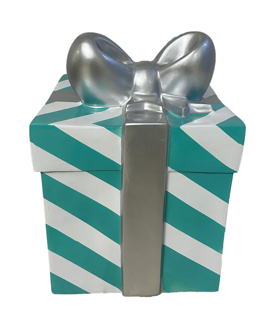 20" Teal Gift Box with White Stripes and Silver Bow