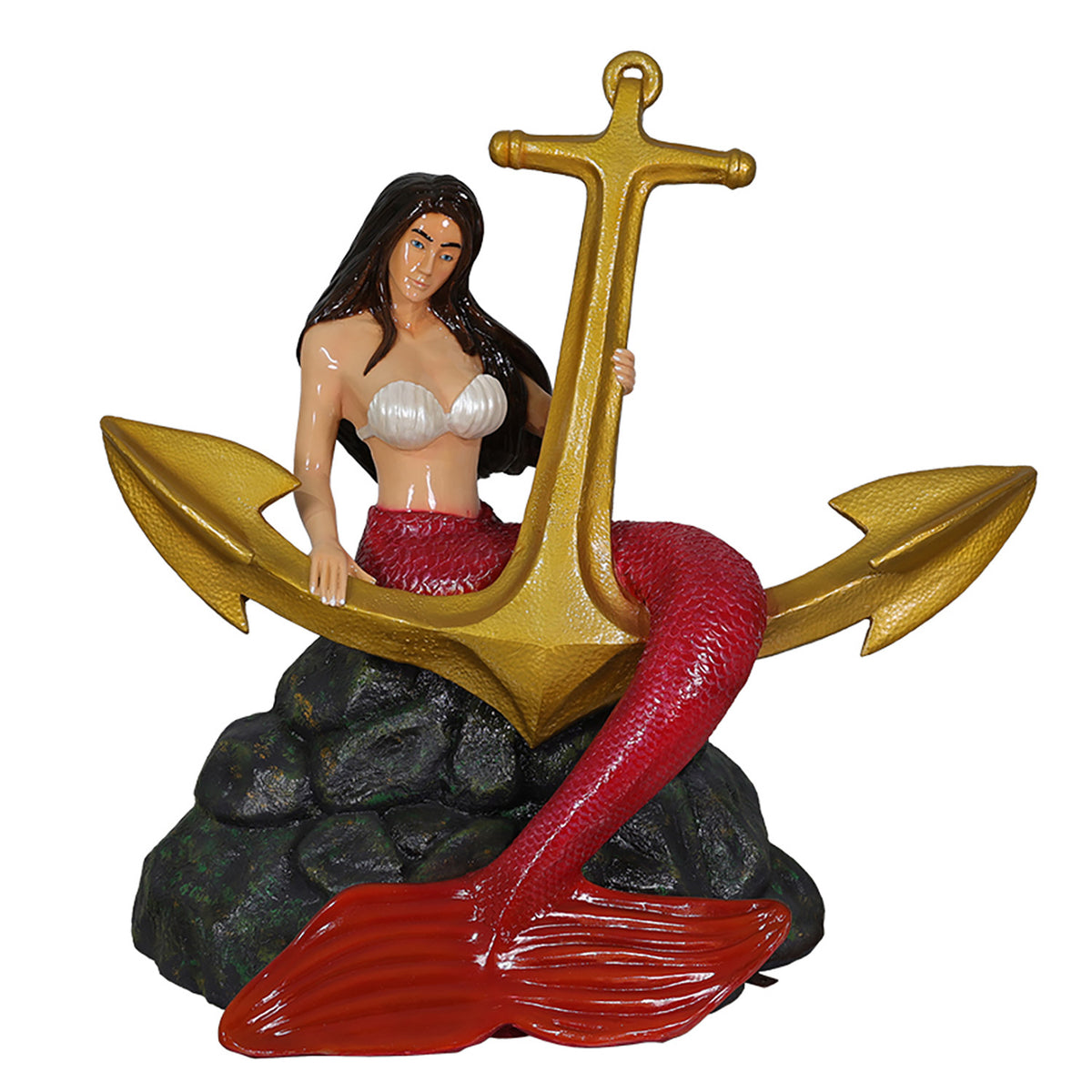 Mermaid with Black Hair Sitting on Anchor