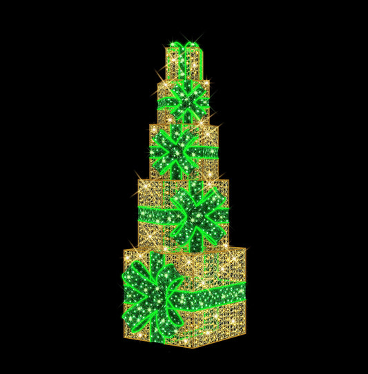 9' Stack of Warm White Gift Packages with Green Bows