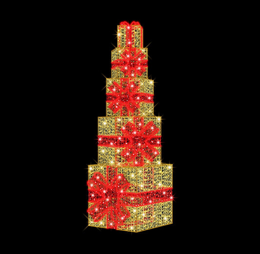 9' Stack of Warm White Gift Packages with Red Bows