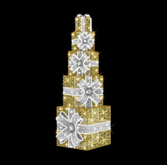 9' Stack of Warm White Gift Packages with Pure White Bows
