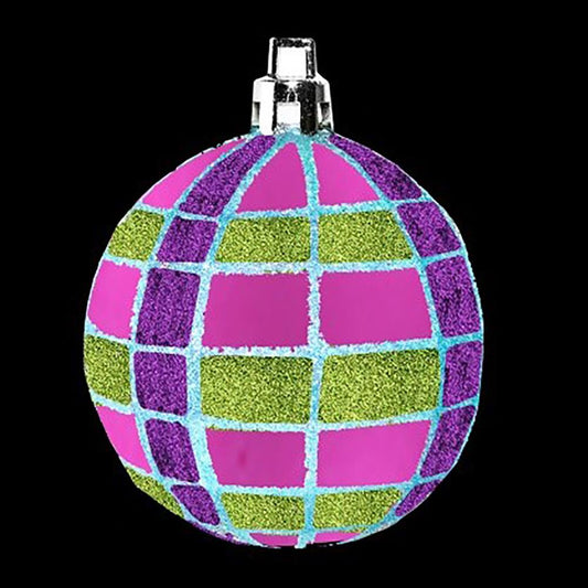 12 Pack of Hot Pink, Purple, Aqua and Lime Green Plaid Ball Ornaments with Glitter Enhancements