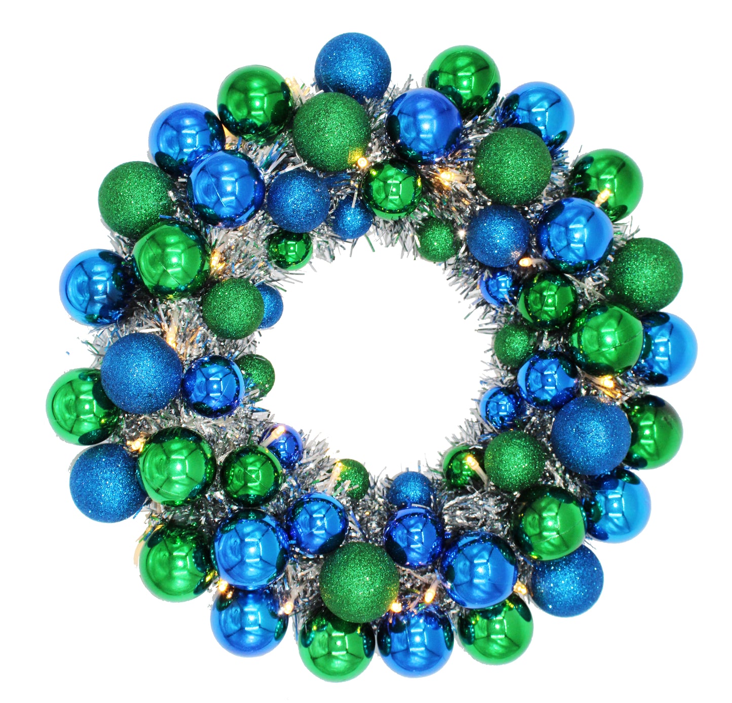 16" Blue and Green Ball Wreath with Battery Powered Warm White LEDs