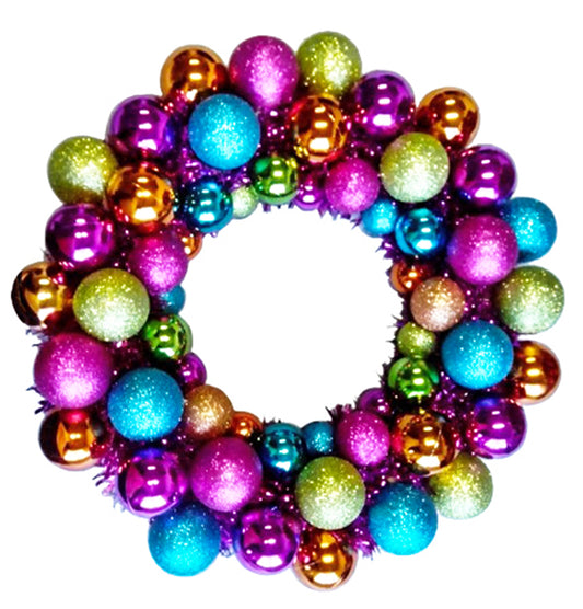 Multi-colored Ball 16" Wreath with Battery Powered Warm White LEDs