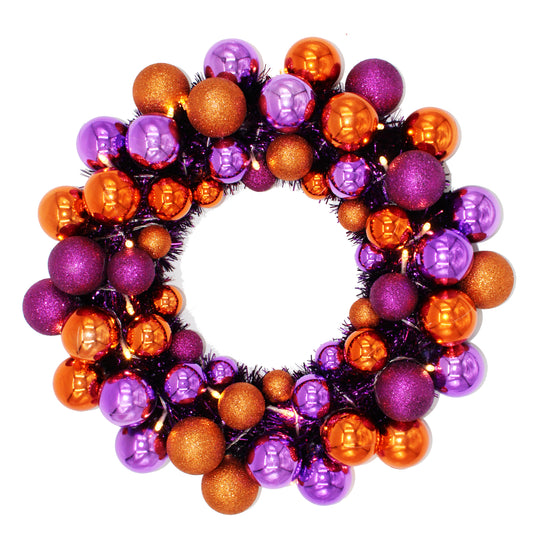 16" Purple and Orange Ball Wreath with Battery Powered Warm White LEDs