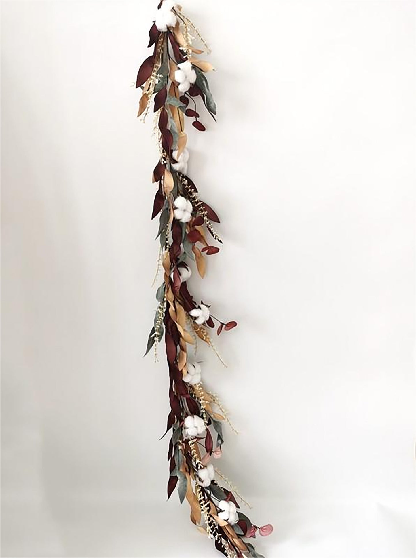 5' Burgundy, Tan and Green Leafy Garland with Cotton Accents