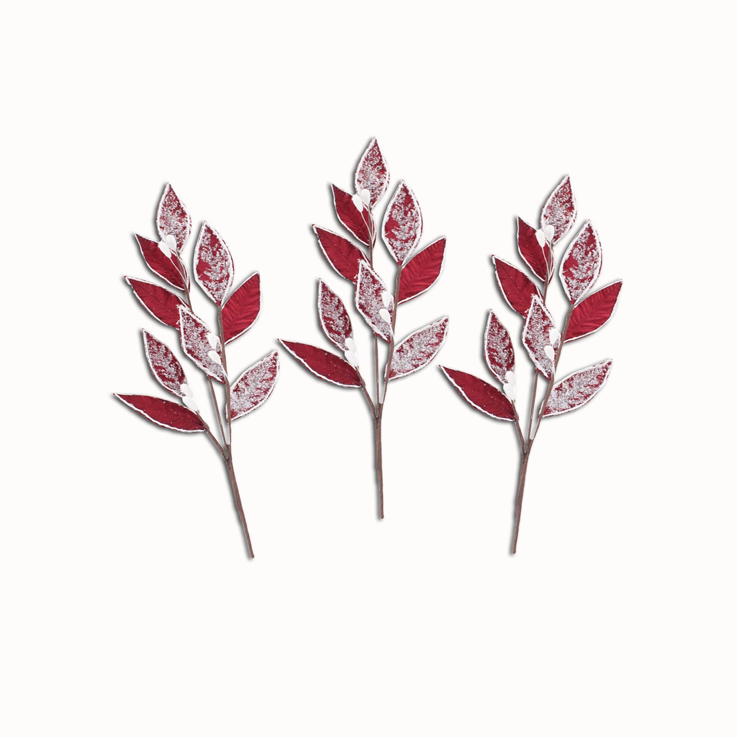 3 Pack of Burgundy Leafy Picks with Silver Glitter Accents