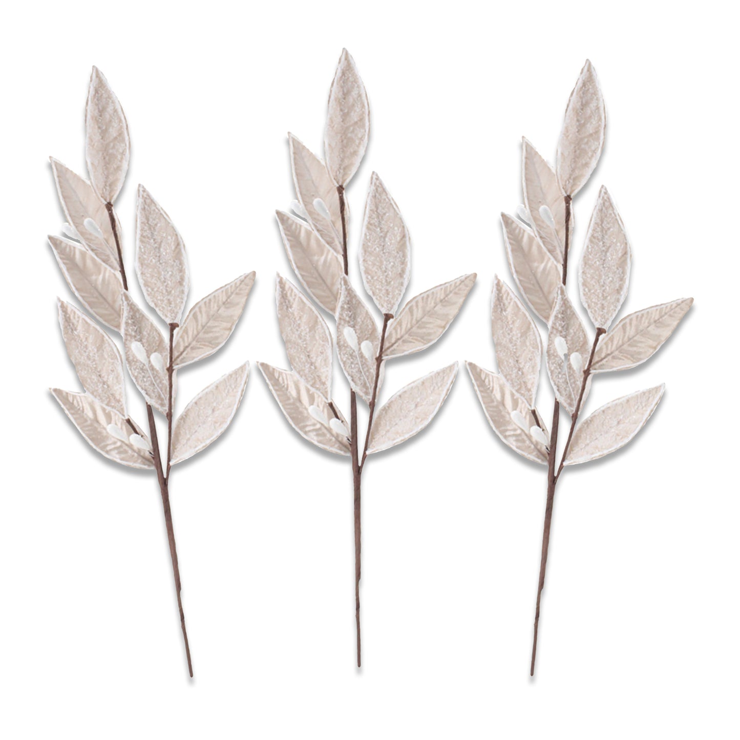 3 Pack of Champagne Leafy Picks with Silver Glitter Accents