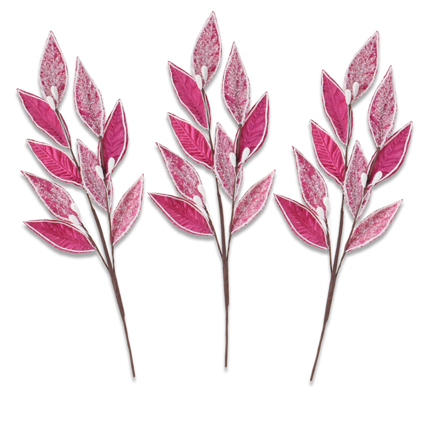 3 Pack of Hot Pink Leafy Picks with Silver Glitter Accents