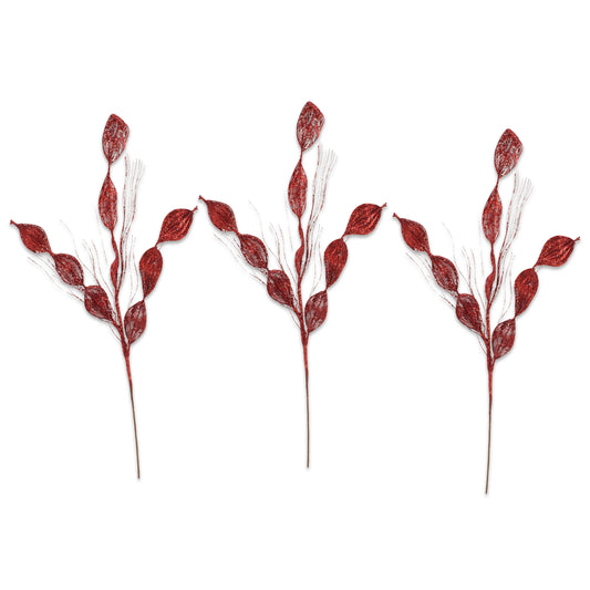 3 Pack of Red Leafy Glitter Picks with Red Glitter Spray