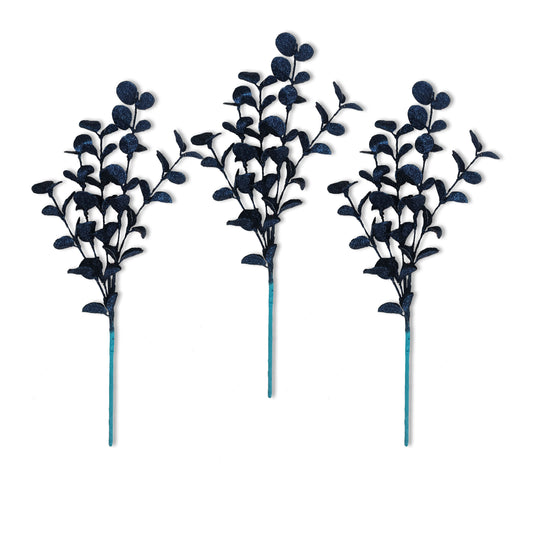 3 Pack of Navy Blue Glitter Leaf Spray Picks