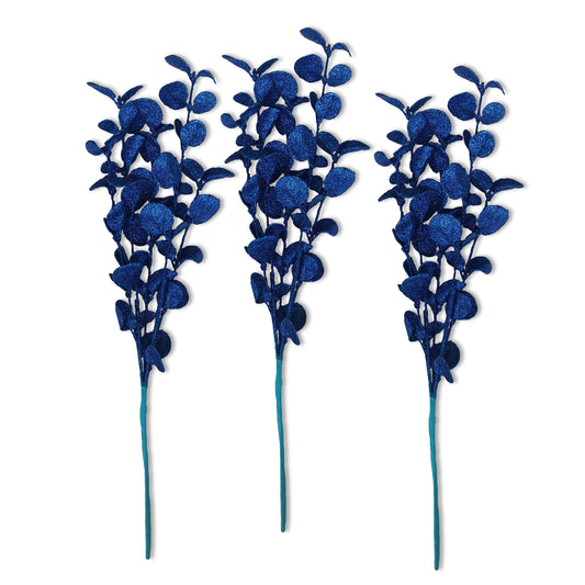 3 Pack of Royal Blue Glitter Leaf Spray Picks