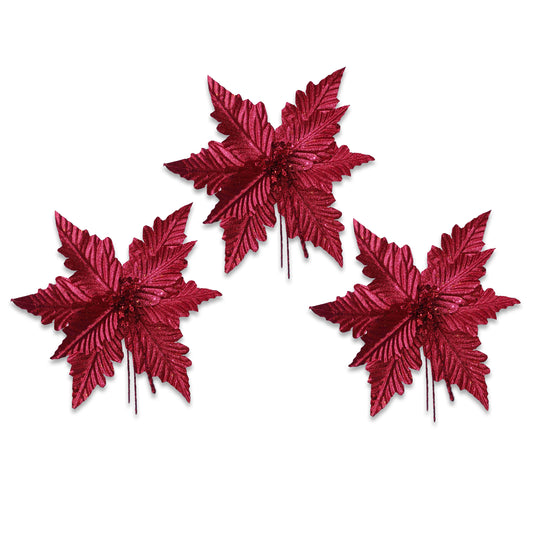 3 Pack of Burgundy Poinsettia Picks