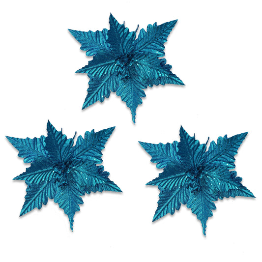 3 Pack of Teal Blue Poinsettia Picks