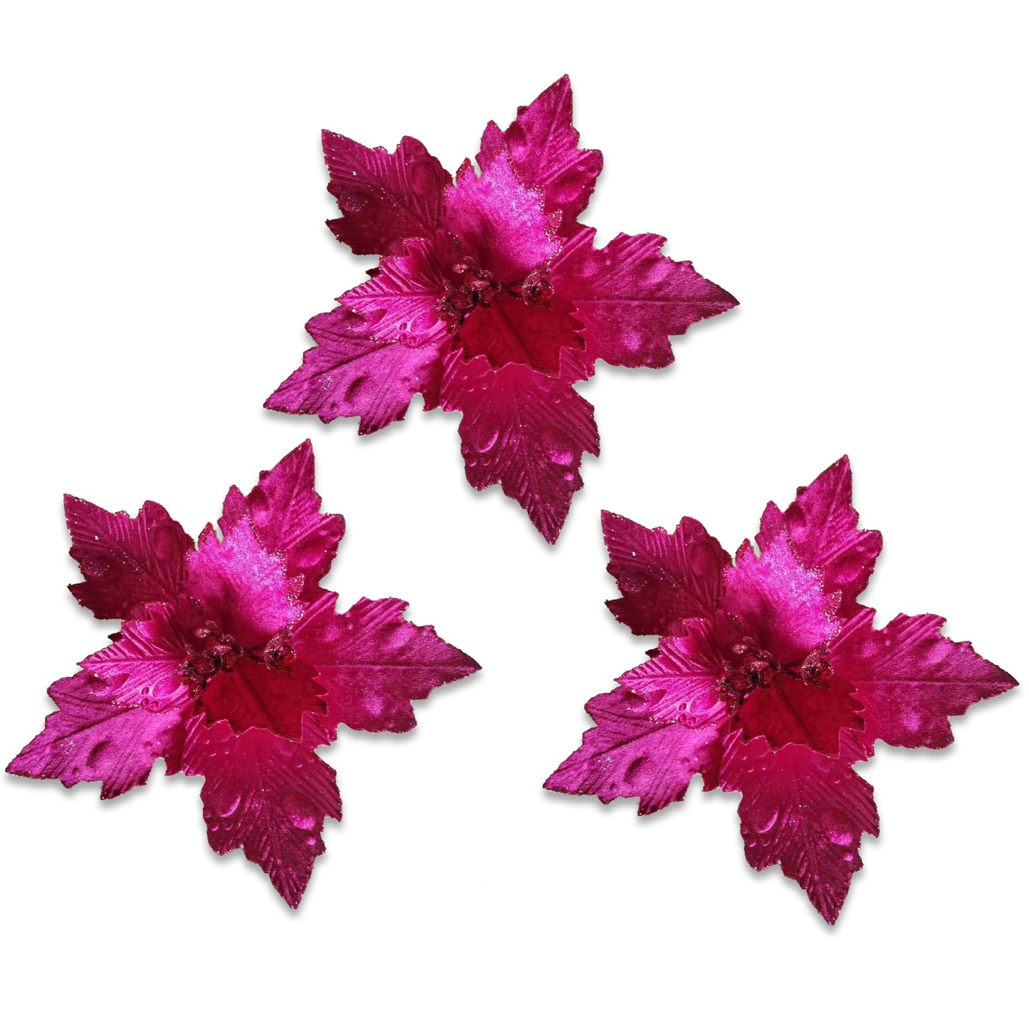 3 Pack of Burgundy Poinsettia Picks with Glitter Centers