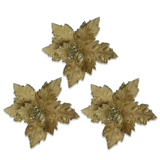 3 Pack of Gold Poinsettia Picks with Glitter Centers