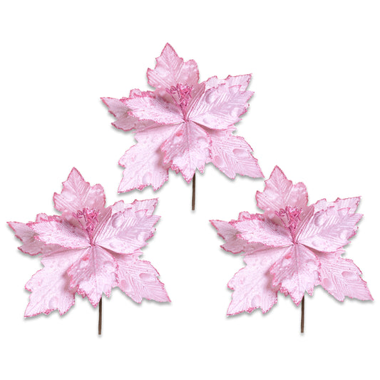 3 Pack of Light Pink Poinsettia Picks with Glitter Centers