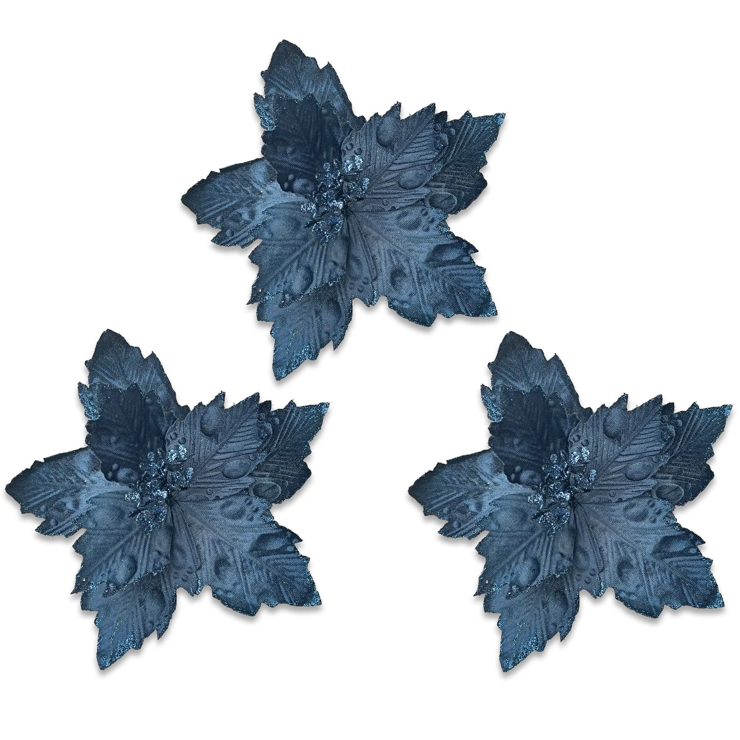 3 Pack of Navy Blue Poinsettia Picks with Glitter Centers