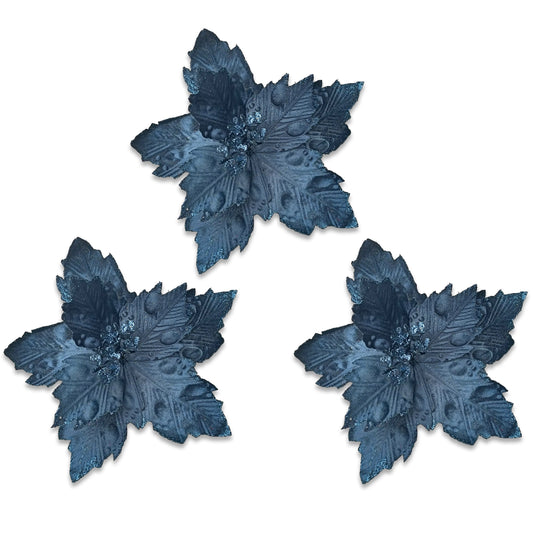 3 Pack of Navy Blue Poinsettia Picks with Glitter Centers