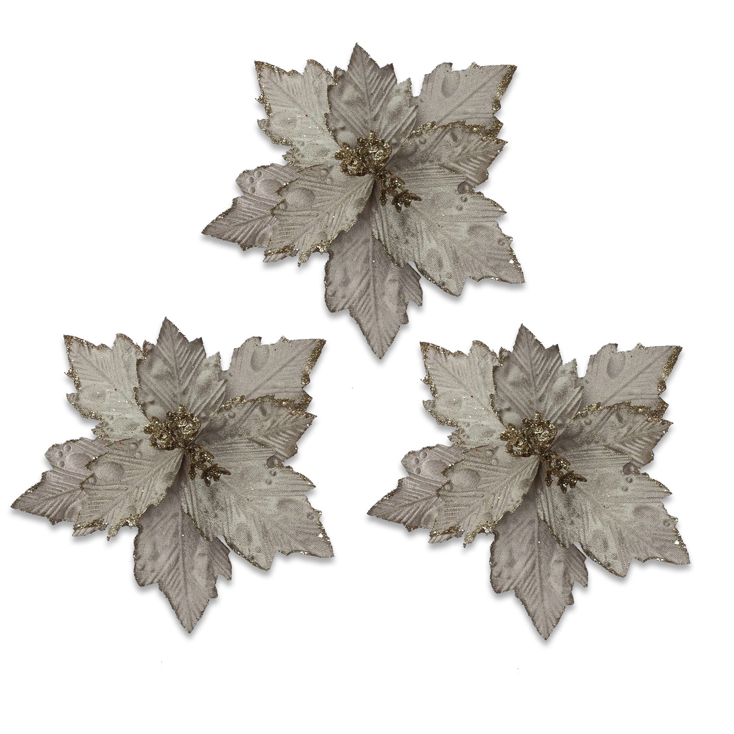 3 Pack of Silver Poinsettia Picks with Glitter Centers