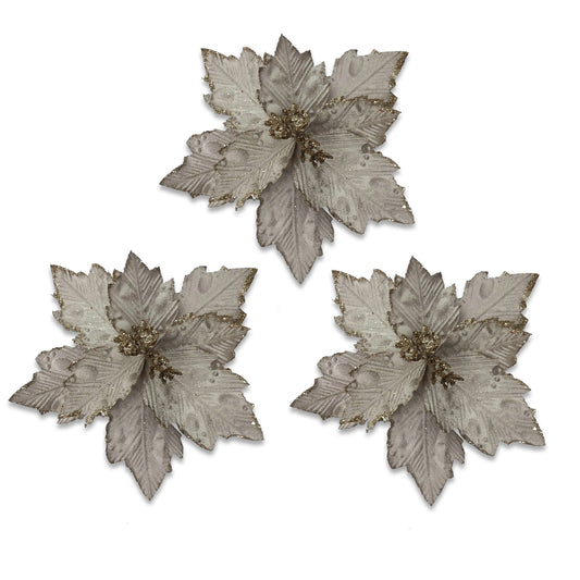 3 Pack of Silver Poinsettia Picks with Glitter Centers