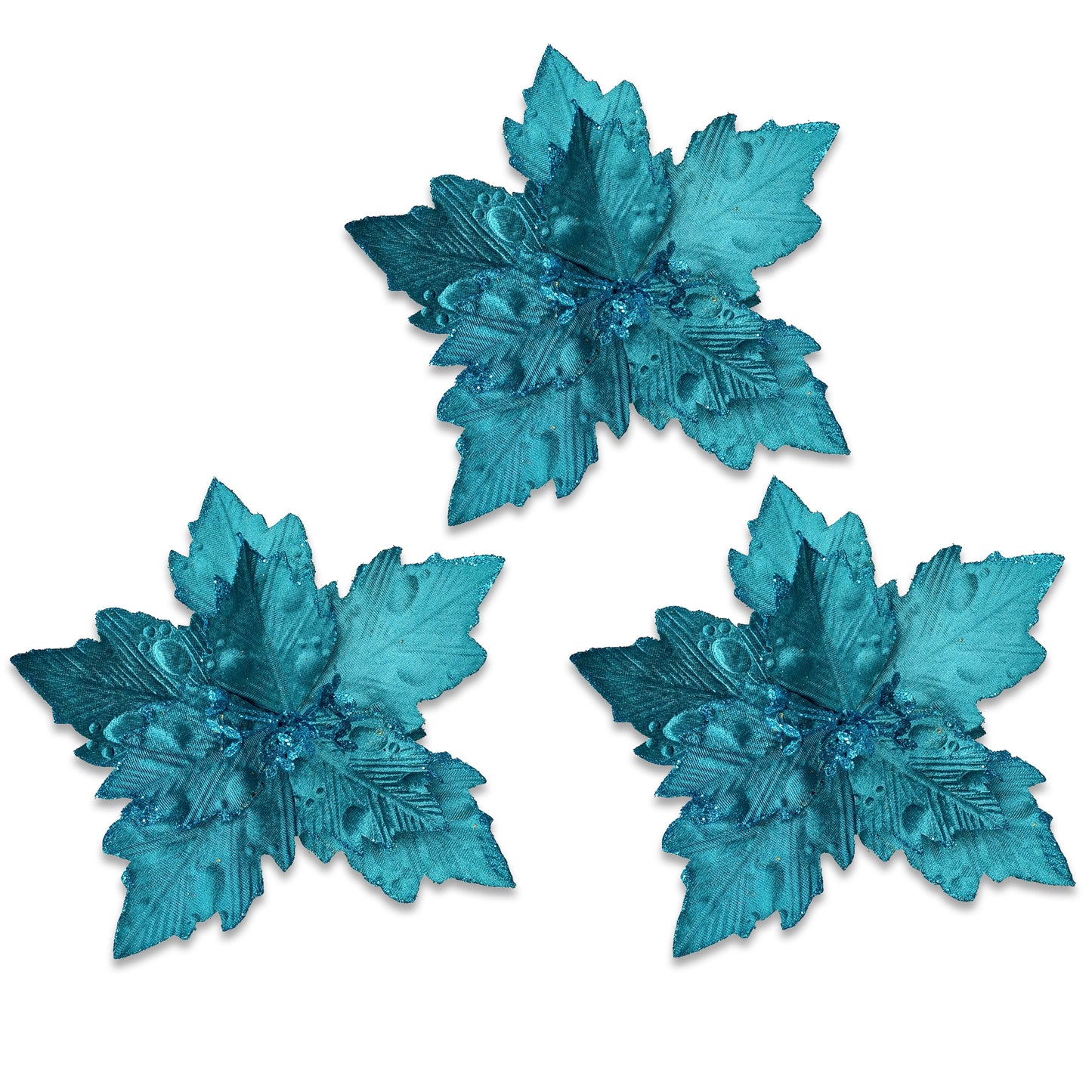 3 Pack Teal Blue Poinsettia Picks with Glitter Centers