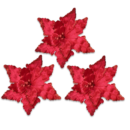 3 Pack of Red Poinsettia Picks with Berry Centers