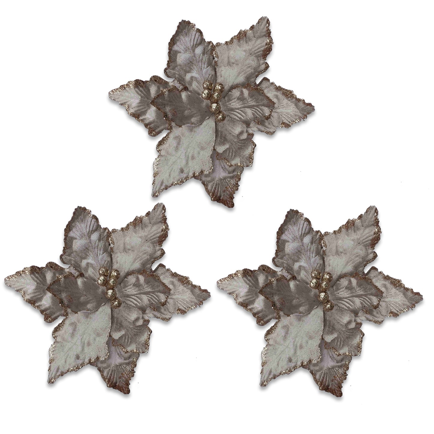 3 Pack of Silver Poinsettia Picks with Berry Centers