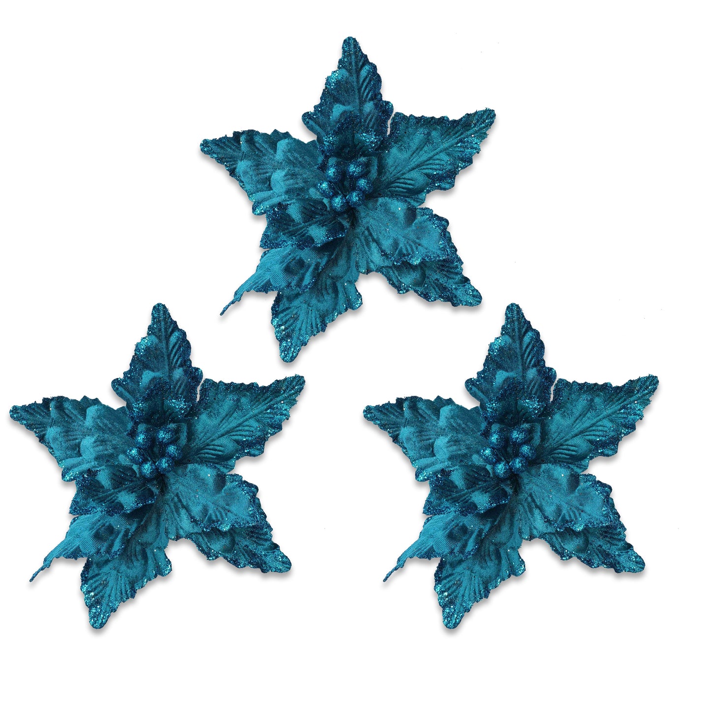 3 Pack of Teal Blue Poinsettia Picks with Berry Centers