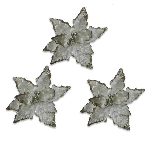 3 Pack of White Poinsettia Picks with Berry Centers