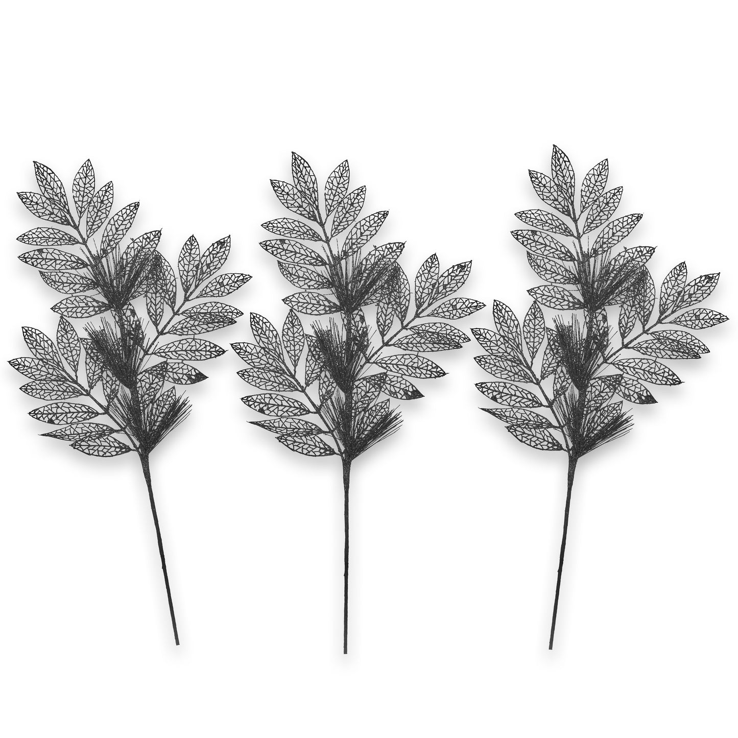 3 Pack of Black Glitter Leaf and Spray Picks