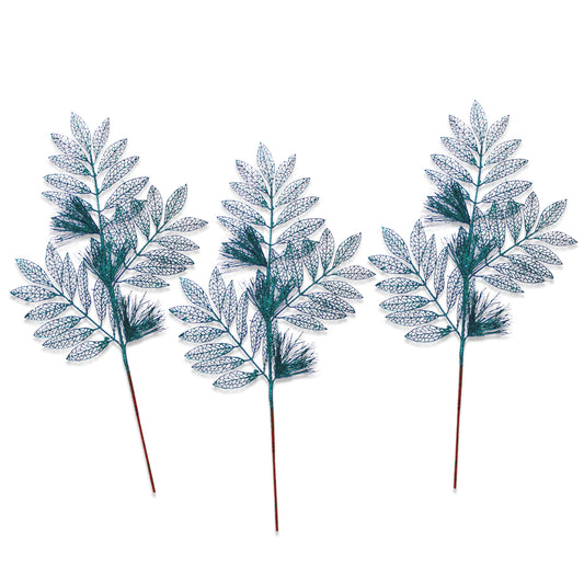 3 Pack of Emerald Green Glitter Leaf and Spray Picks