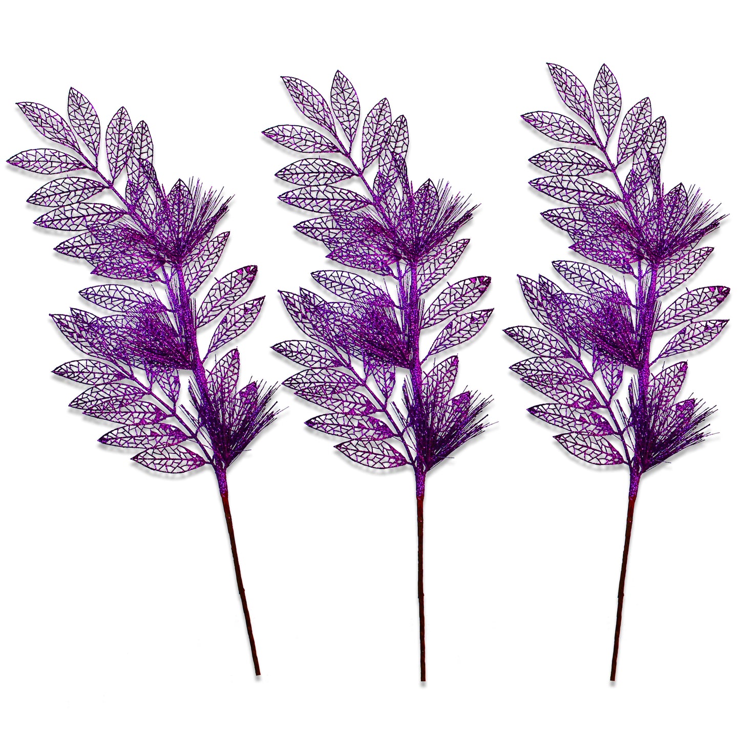 3 Pack of Purple Glitter Leaf and Spray Picks