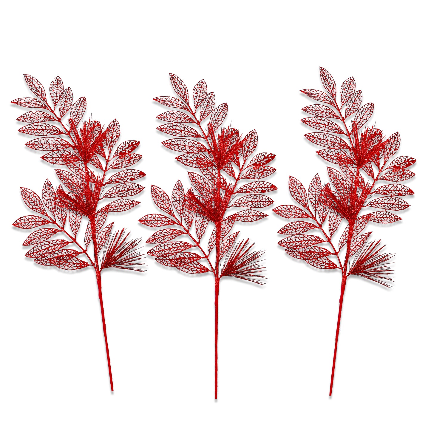 3 Pack of Red Glitter Leaf and Spray Picks