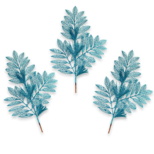 3 Pack of Teal Blue Glitter Leaf and Spray Picks