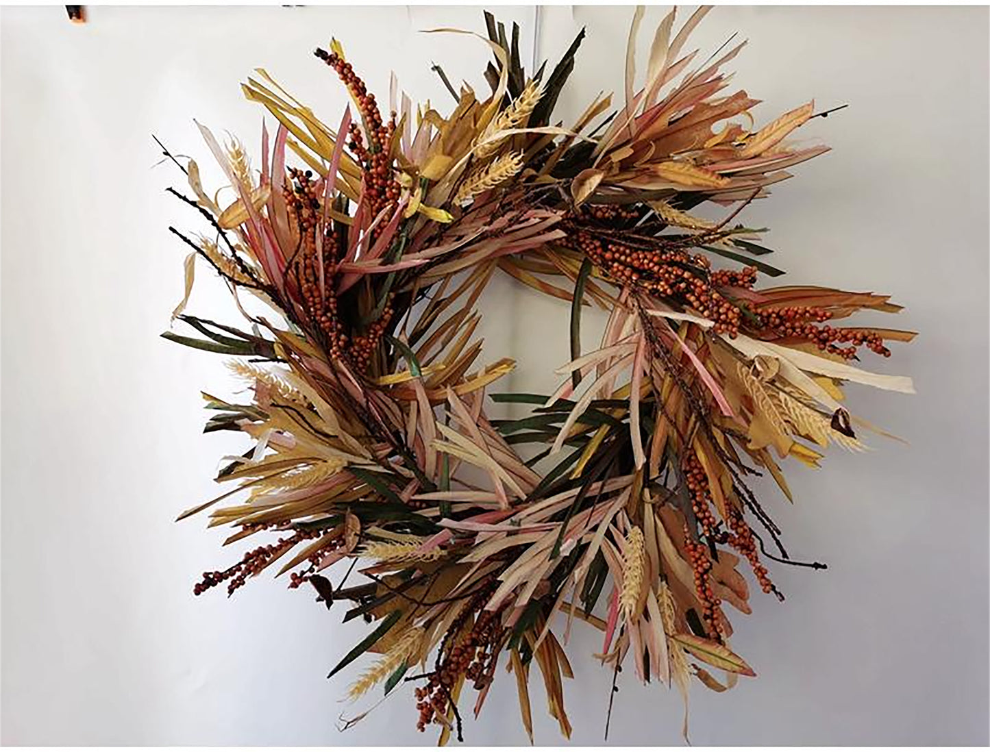 Beige and Brown Leafy Wreath with Burgundy Berry Accents