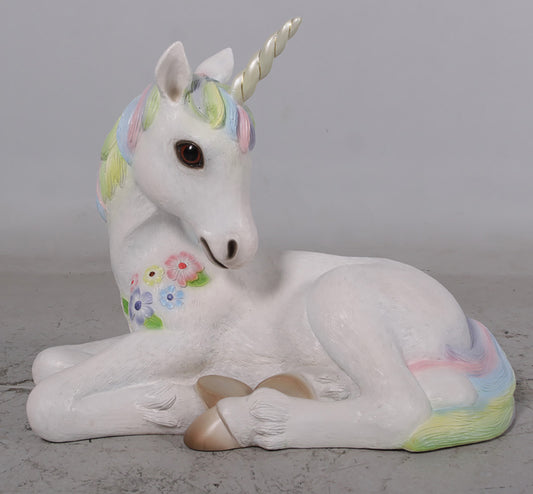 2' Tall Resting Unicorn White with Rainbow Mane and Tail