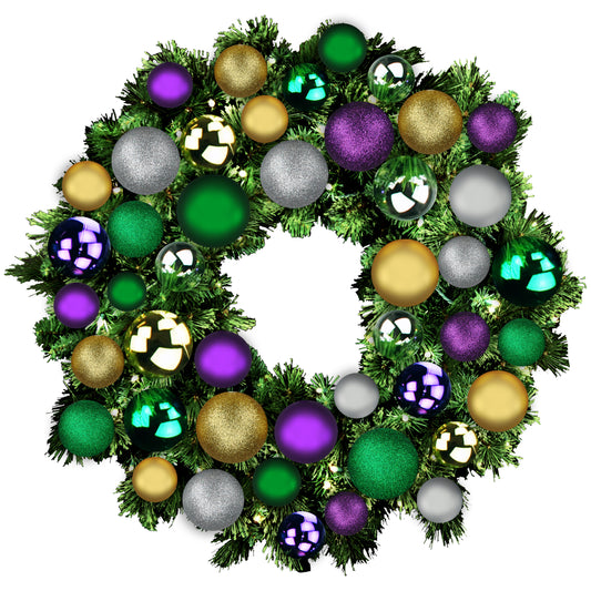 4' Mixed Blend Pine Wreath with Warm White LED Lights and Mardi Gras Themed Ornaments