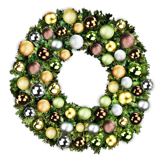 5' Mixed Blend Pine Wreath with Warm White LED Lights and Woodland Themed Ornaments