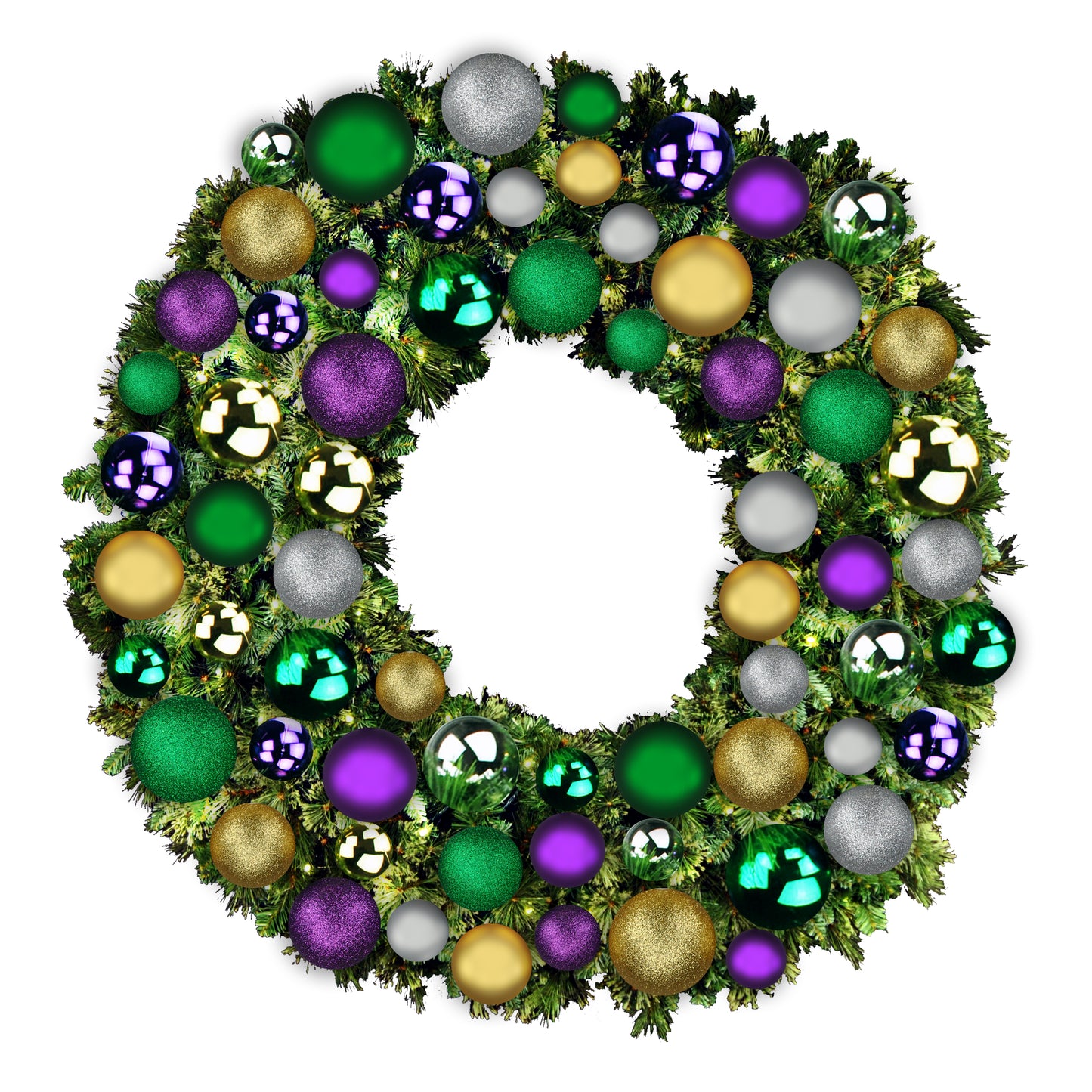 6' Blended Pine Wreath Decorated with Mardi Gras Collection Warm White LEDs