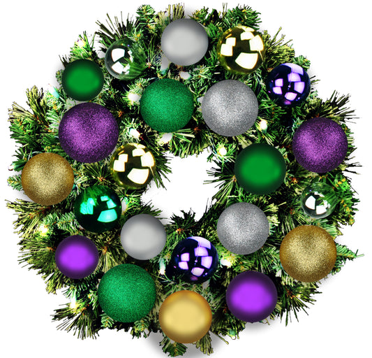 2' Sequoia Wreath with Warm White LED Lights and Mardi Gras Themed Ornaments