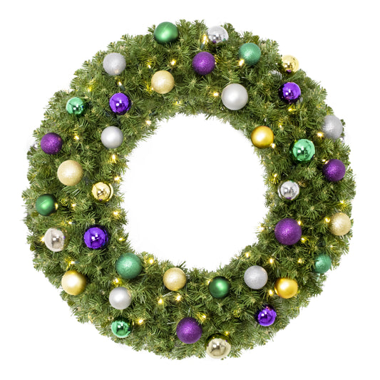 3' Sequoia Wreath with Warm White LED Lights and Mardi Gras Themed Ornaments