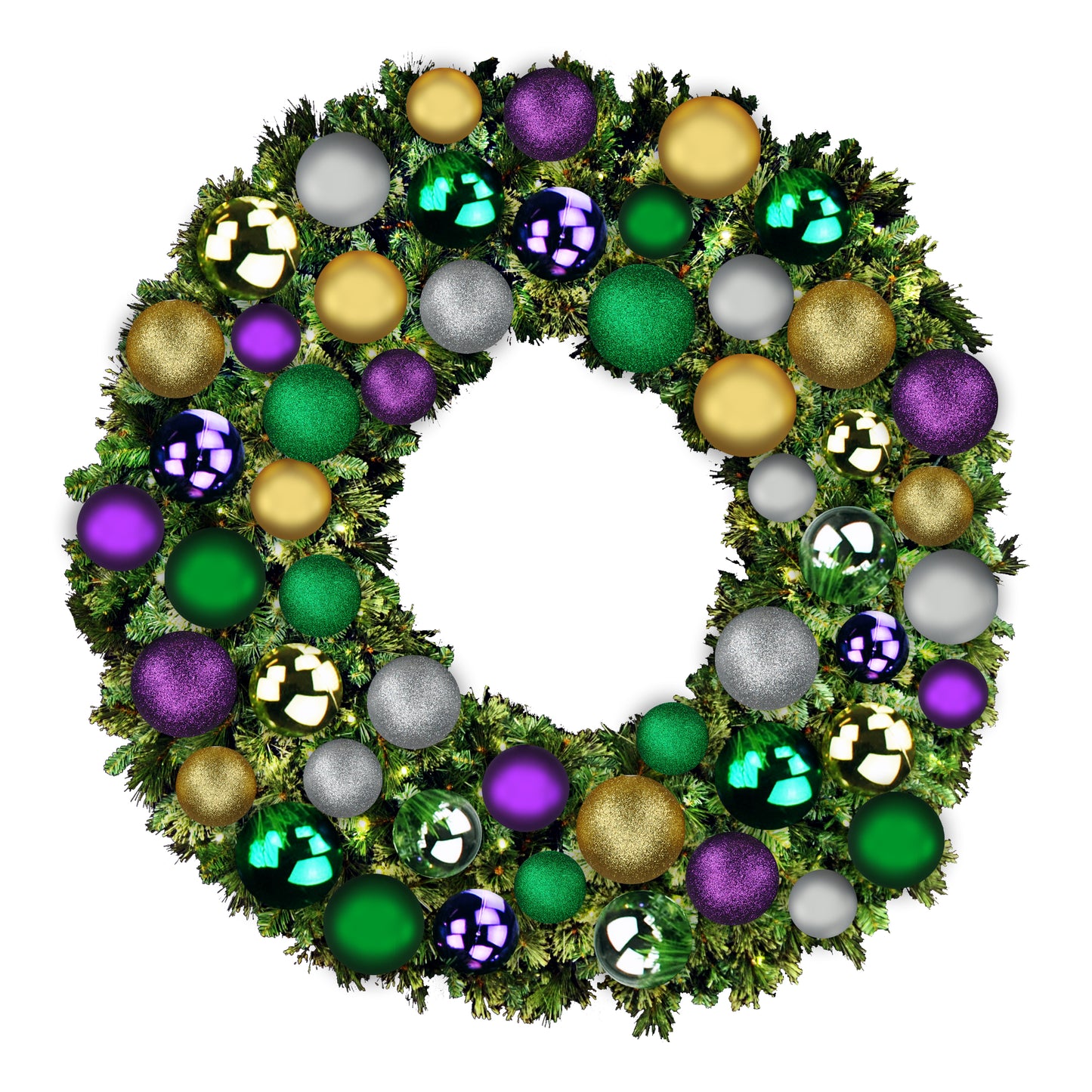 5' Sequoia Wreath with Warm White LED Lights and Mardi Gras Themed Ornaments