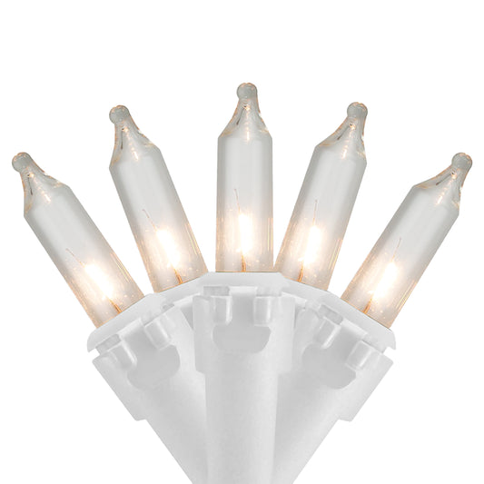 50 Clear Incandescent Mini Lights 4" Spacing on White Wire