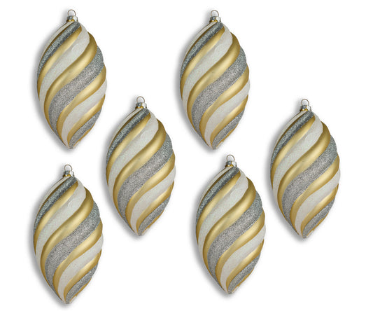 6 Pack of White, SIlver, and Gold Teardrop Ornaments with Silver and Gold Glitter Enhancements